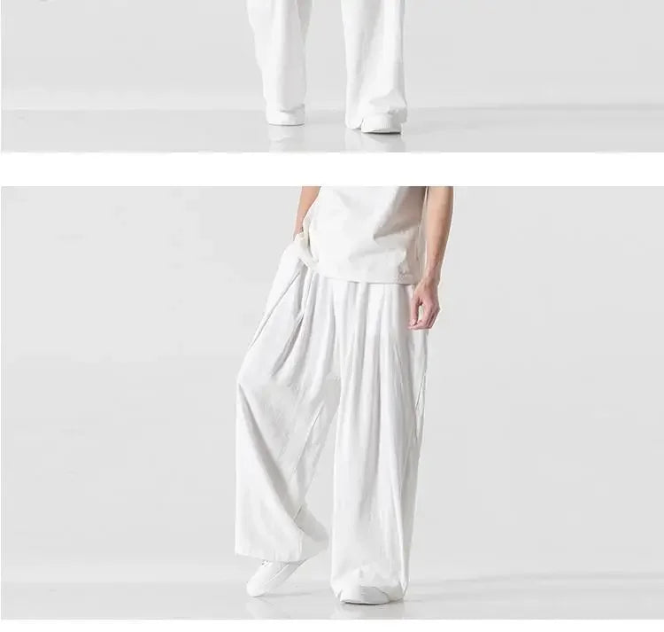 Hanfu Spirit Draped Linen Pants For Men Straight-leg Casual Trousers Chinese Style Loose-fit Ancient Wide-leg Song Trousers.