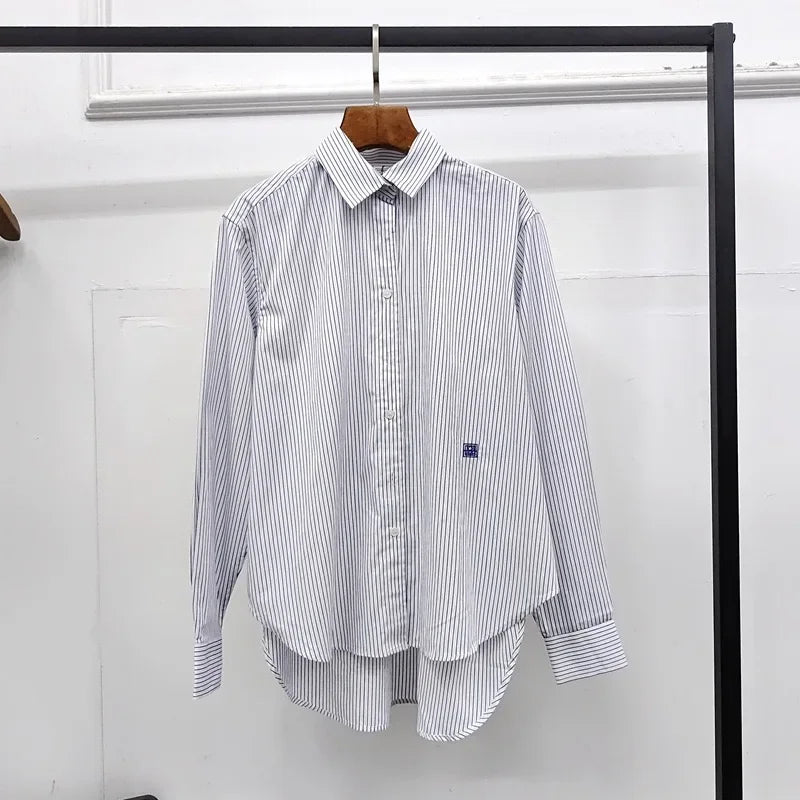 LUXURY Women's Vertical Striped Shirt, Short Front and Back, Short, Vertical Striped Shirt, Loose Long Sleeve, Commuter Style