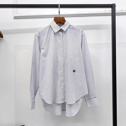 LUXURY Women's Vertical Striped Shirt, Short Front and Back, Short, Vertical Striped Shirt, Loose Long Sleeve, Commuter Style