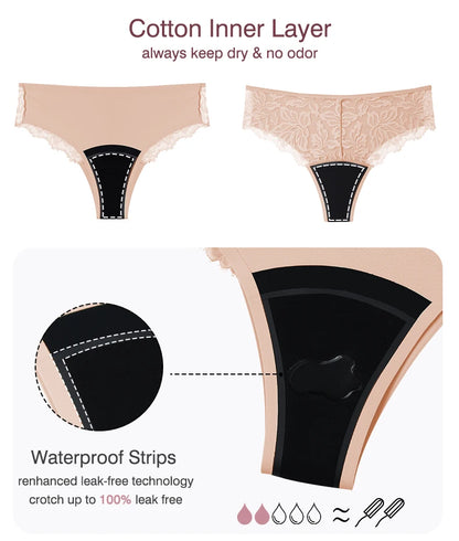 Women Period Panties 4-Layer Leakproof Lace Cheeky Brief High Absorbency Reusable Breathable Menstrual Panties.