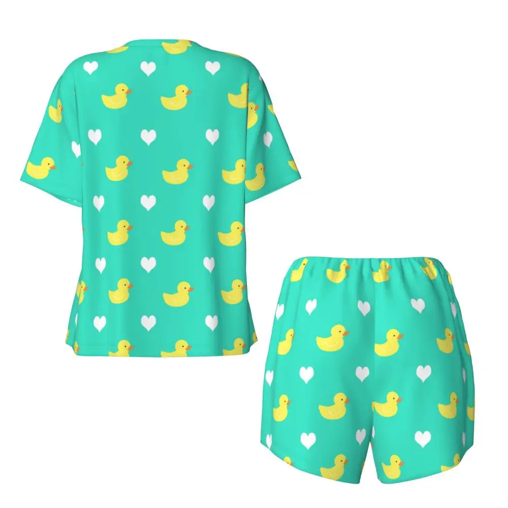Benutzerdefinierte Frauen Gelb Klassische Gummi Ente Pyjamas Set Gedruckt Zwei-stück Pj Sets Kurzarm Nachtwäsche Loungewear