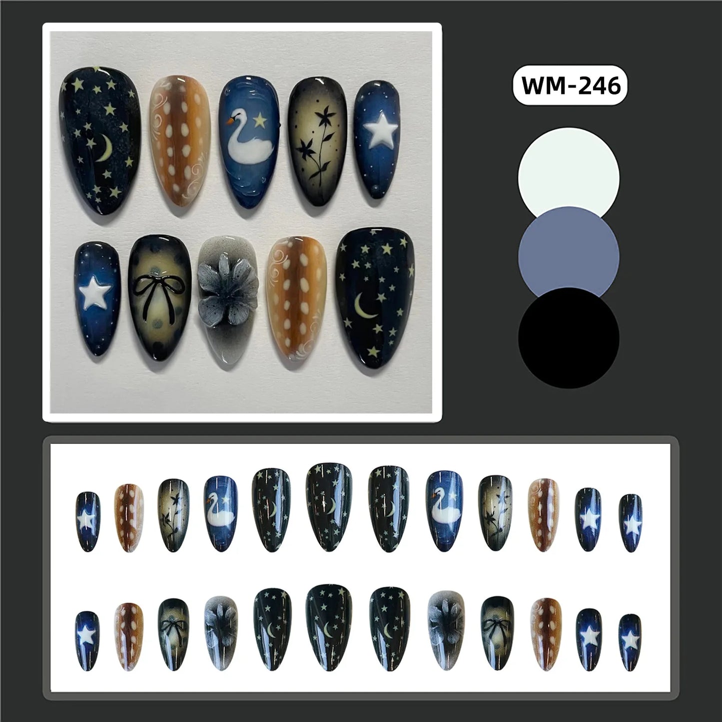 24pcs Gradient Black False Nails Yellow Star Moon Swan Pattern Press On Nails Sweet Cool Bowknots Flower Fake Nail Y2k Manicure.