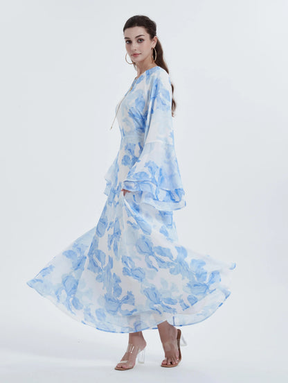 Ramadan kebaya Muslim women's chiffon print flared sleeve dress headscarf two-piece set.