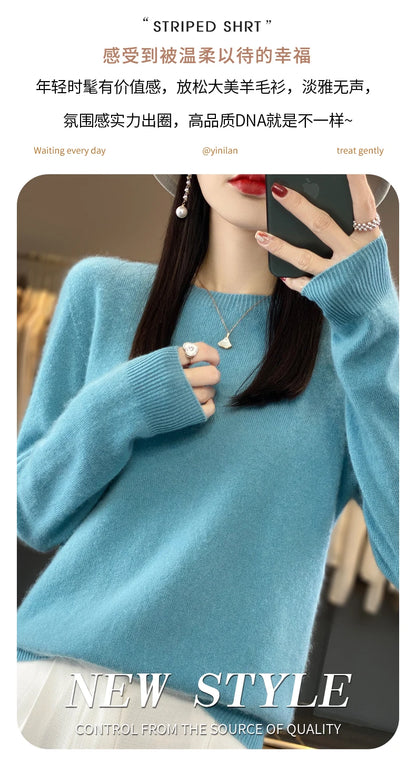 100% Merino Wool Sweater Women O-neck Cashmere Knitwear Female Pullover Autumn Winter Casual Tops Solid Color Soft  Clothing.