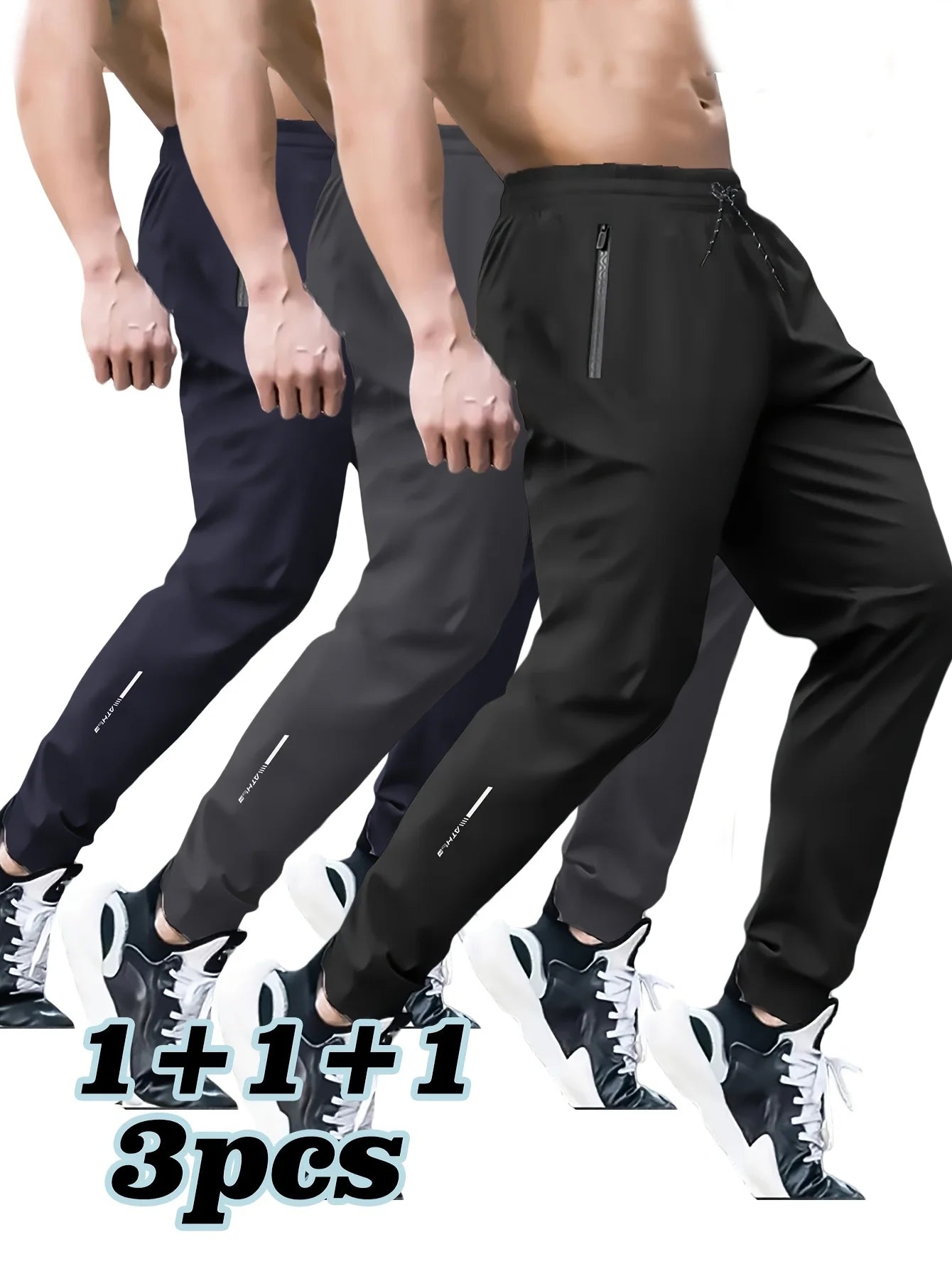 3 Pack Mens Jogger Pants Zipper Ankle Cuff Slim Fit Stretch Casual Running Lounge Sweatpants Trousers for Gym Workout Training.
