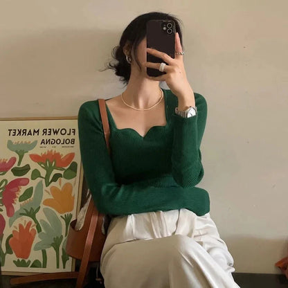 Gestrickte Pullover Frauen Vintage Solide Pullover Herbst Winter Koreanische Elegante Dünne Strickwaren Quadrat Kragen Alle Spiel Jumper Neue.