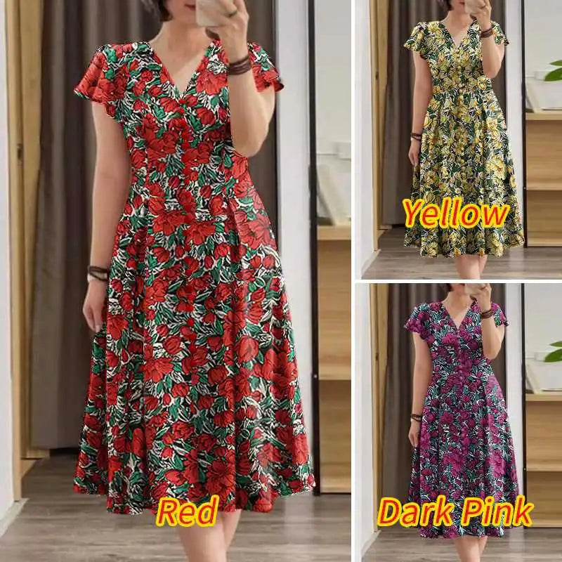 ZANZEA Elegante Frauen Floral Print Midi Kleid Sommer 2025, Casual Rüschen Kurzarm V-ausschnitt Vestidos Mode Cinched Taille Roben.