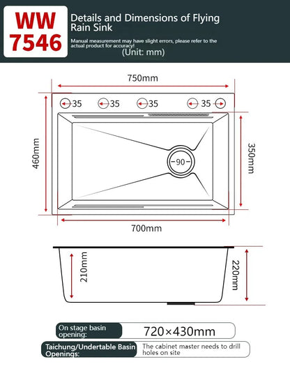 Stainless Steel Kitchen Sink With Waterfall Nano Embossed Large Single Slot Vegetable and Dishwashing Sinks Udermount Basin