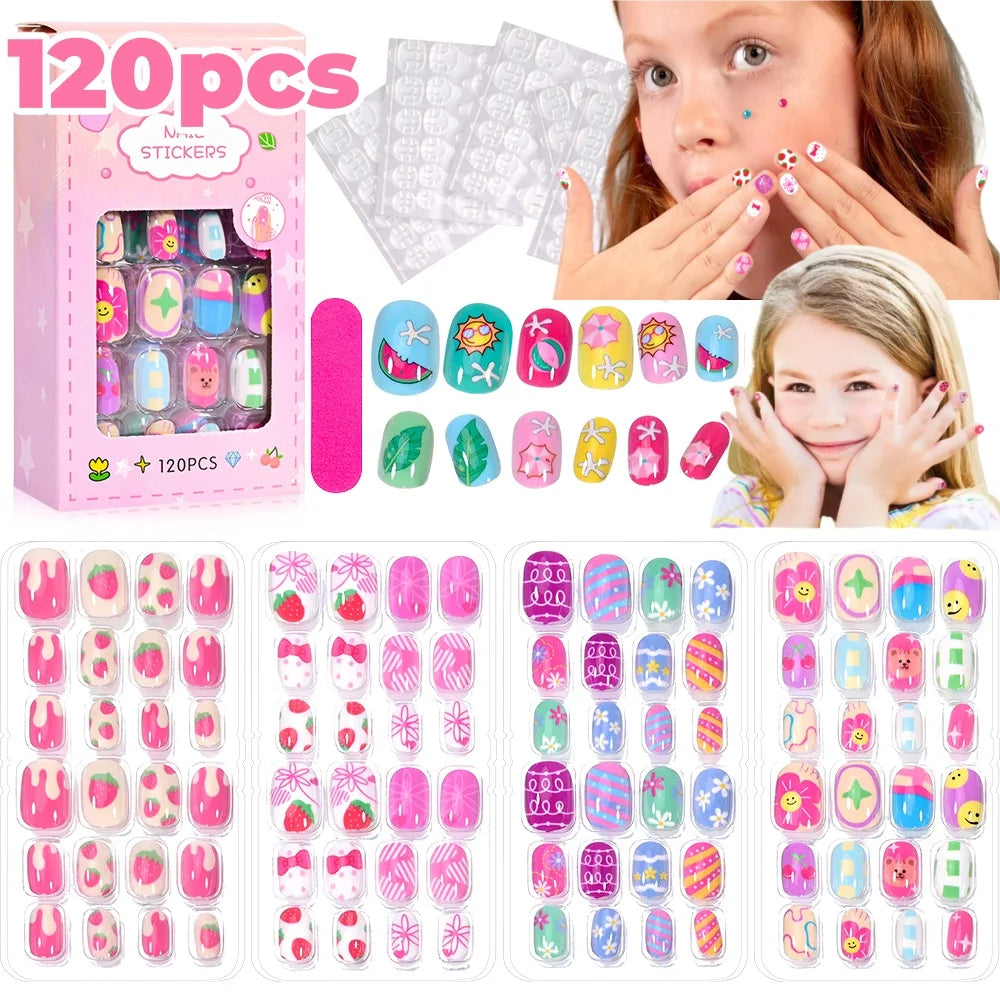 120Pcs Children's Press on Nails Kids Cartoon Acrylic Fake Nails Tips Kawaii Girl Full Cover Short False Nails With Jelly Glue#@.