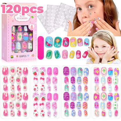 120Pcs Children's Press on Nails Kids Cartoon Acrylic Fake Nails Tips Kawaii Girl Full Cover Short False Nails With Jelly Glue#@.