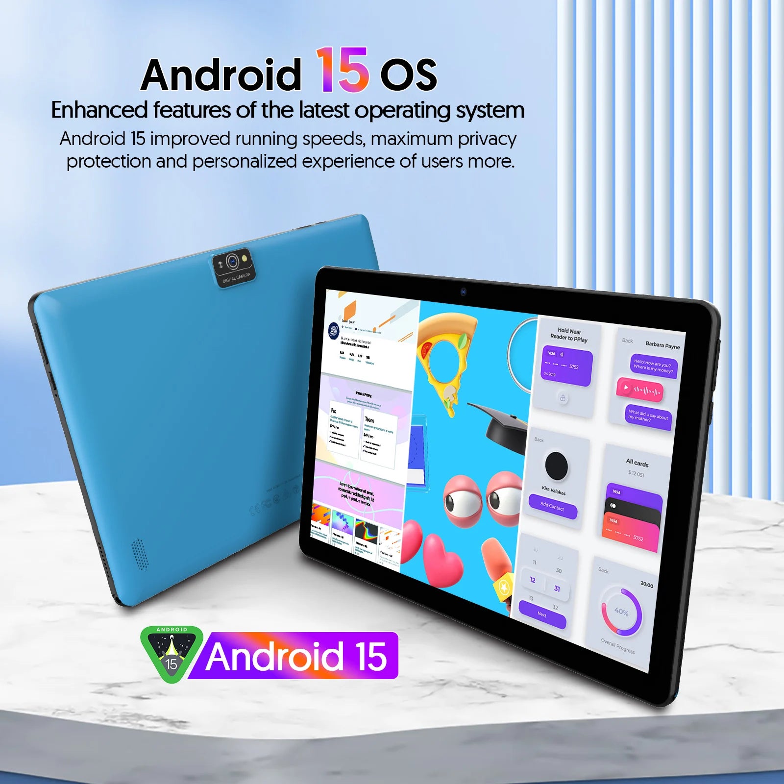 New BAKEN 10-inch Android 15 tablet with 64GB storage, keyboard, leather case, SIM card slot, stylus, mouse, and dual speakers.