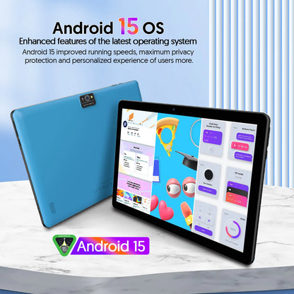 New BAKEN 10-inch Android 15 tablet with 64GB storage, keyboard, leather case, SIM card slot, stylus, mouse, and dual speakers.