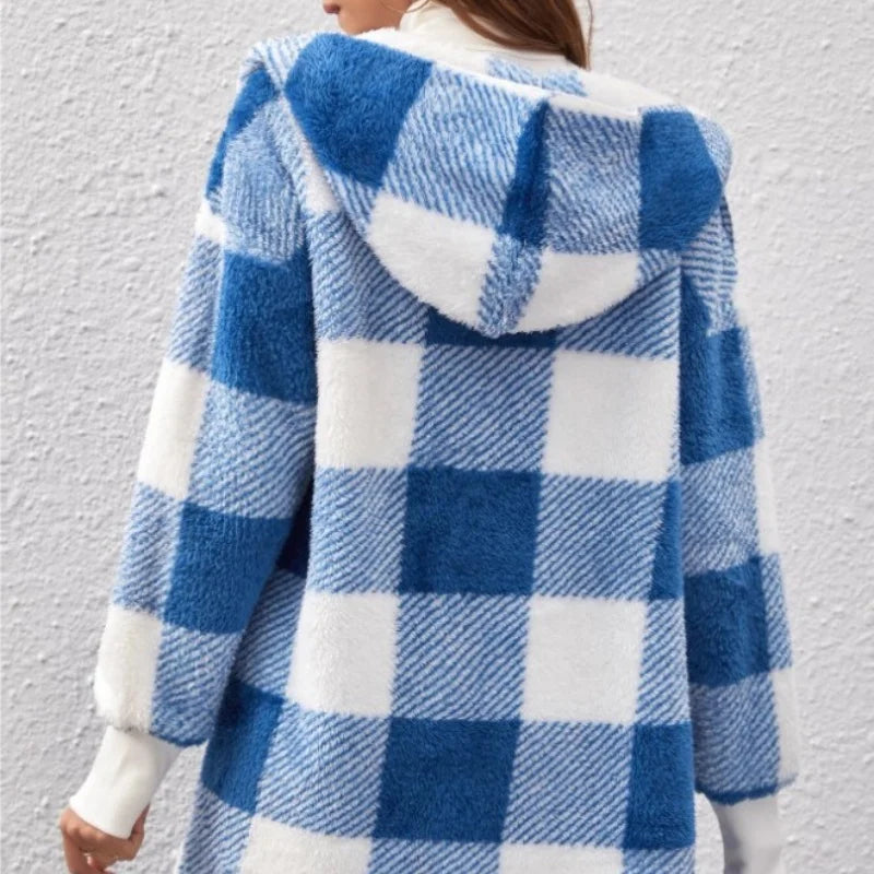 Frauen Herbst Winter Doppel Fleece Plaid Strickjacke Weiche Lose Lange Hülse Plüsch Warme Mit Kapuze Jacke Weibliche Patchwork Oberbekleidung Mantel.