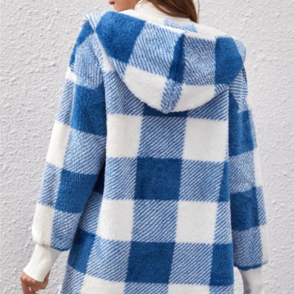 Frauen Herbst Winter Doppel Fleece Plaid Strickjacke Weiche Lose Lange Hülse Plüsch Warme Mit Kapuze Jacke Weibliche Patchwork Oberbekleidung Mantel.