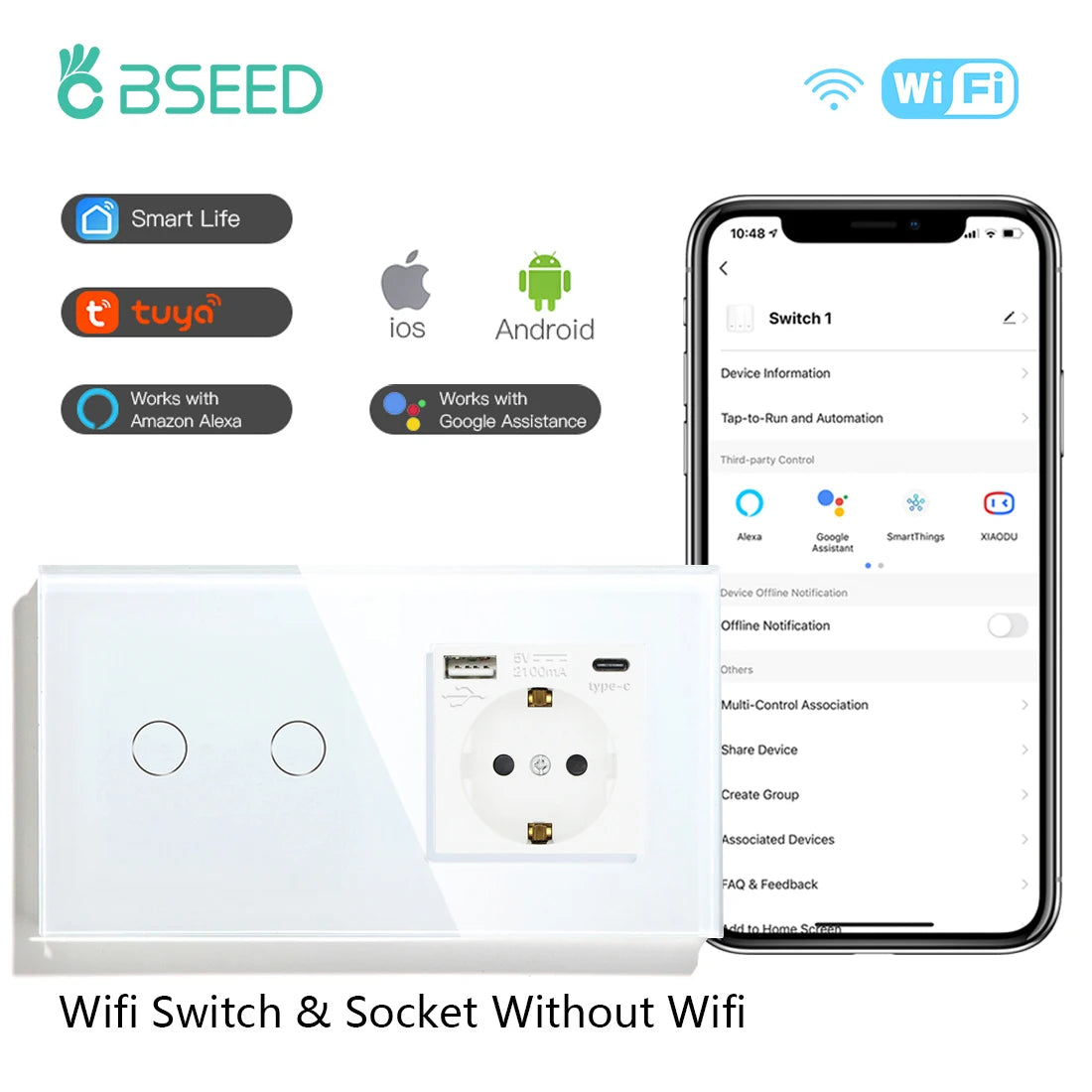 BSEED Wifi Touch Schalter Wand Licht Schalter Mit EU Buchse USB Typ-C Stecker Tuya Smart Leben Alexa Yandex App Steuerung Glas Panel