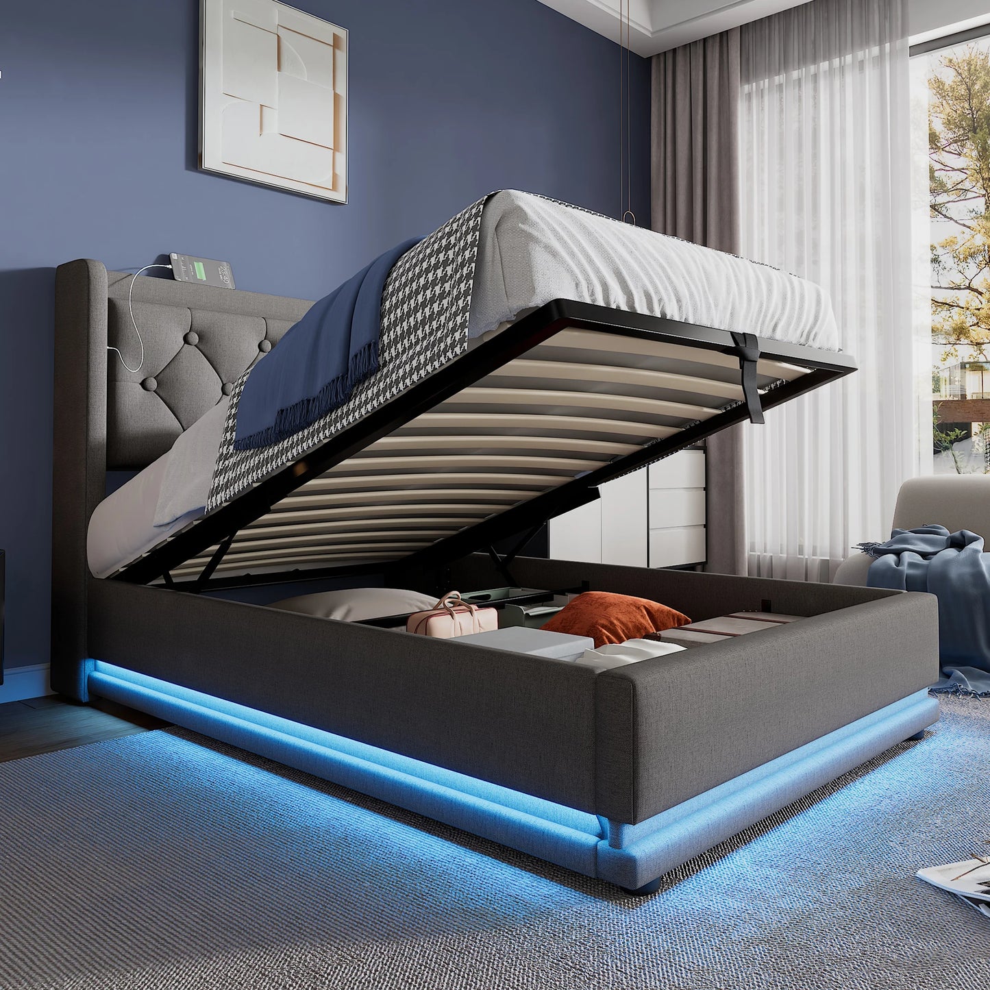 Gepolstertes Einzelbett 90x200 cm, graue Baumwolle, USB-C-Aufladung, 3-seitige LED (keine Matratze)