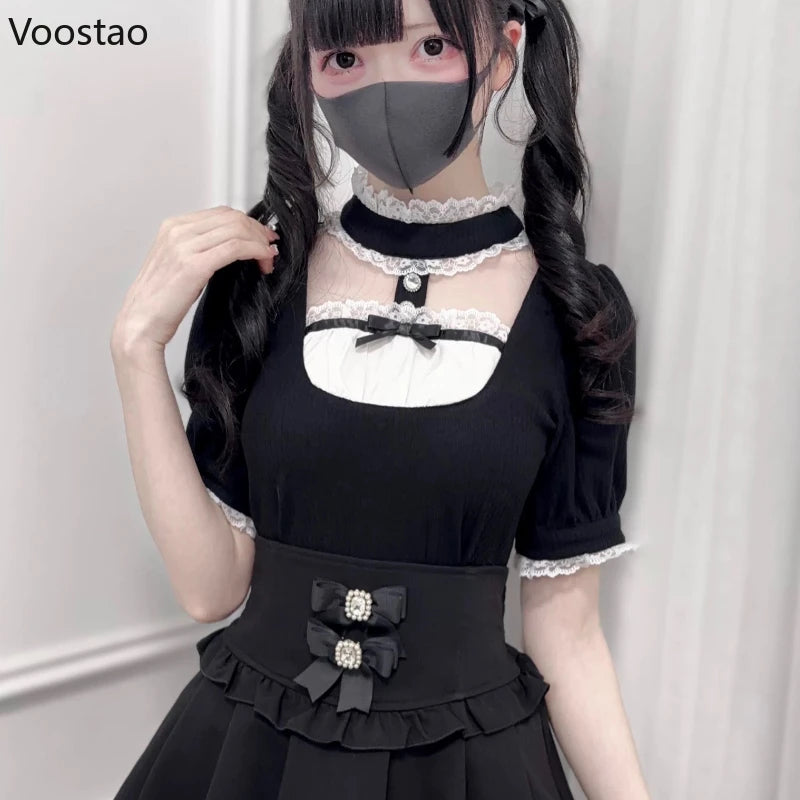 Japanese Gothic Lolita Style Shirts Women Vintage Sweet Y2k Lace Ruffles Short Sleeve Plaid Blouses Jirai Kei Girls Casual Tops.