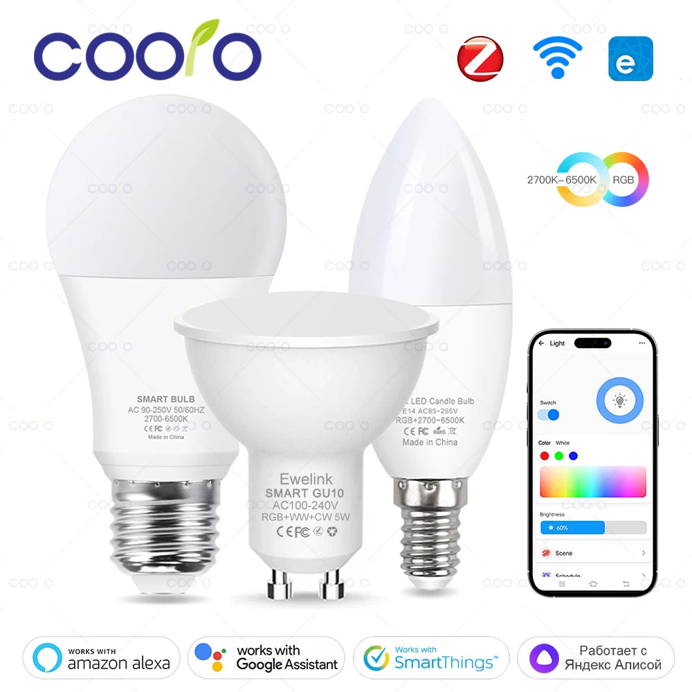 Smart WiFi Zigbee LED Glühbirne Dimmbar E27 E14 GU10 RGBCW 3000-6000K LED Kerze Lampe Für Ewelink APP Alexa Google Hause Yandex.