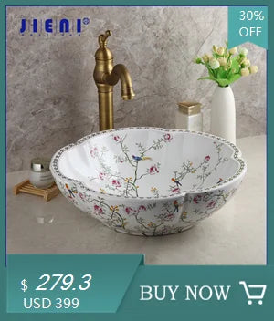 JIENI Art Keramik-Badezimmer-Waschbecken-Set, ovales Waschbecken, antikes Messing, Bambus-Wasserhahn, Pop-Up-Abfluss-Kombination, hochwertige Waschbecken aus Porzellan