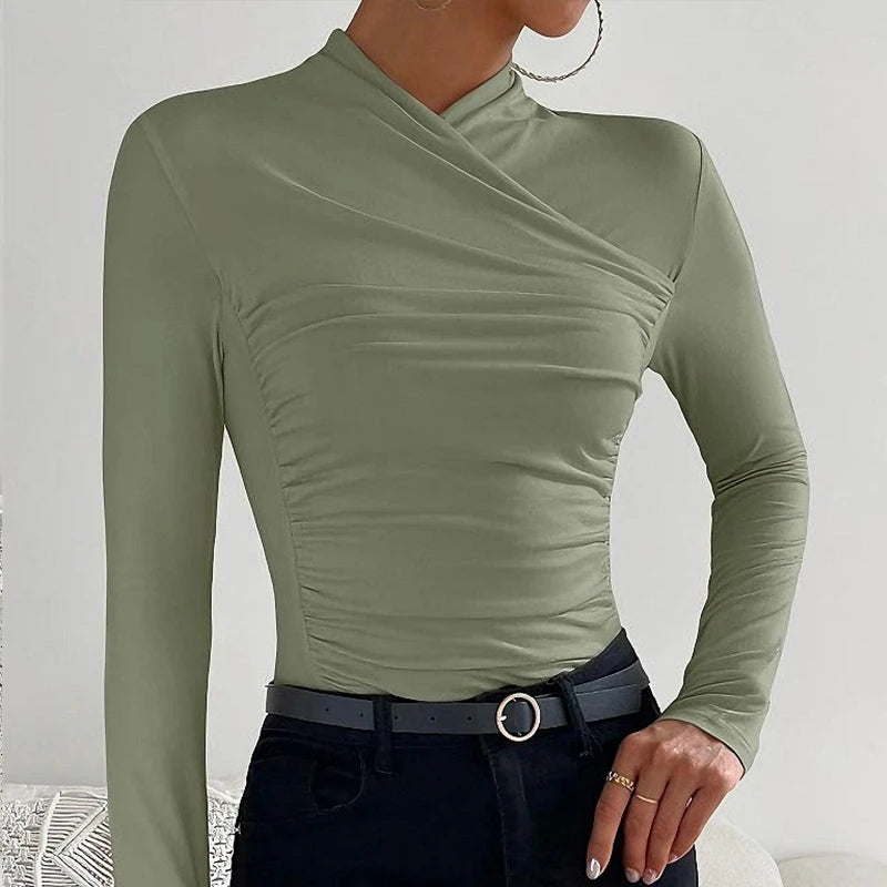 Sexy Elegant Fall Winter Long Sleeve Cross Pleated Pullover Women's Modal Solid Color Irregular Tops Street Daily Versatile Tees.