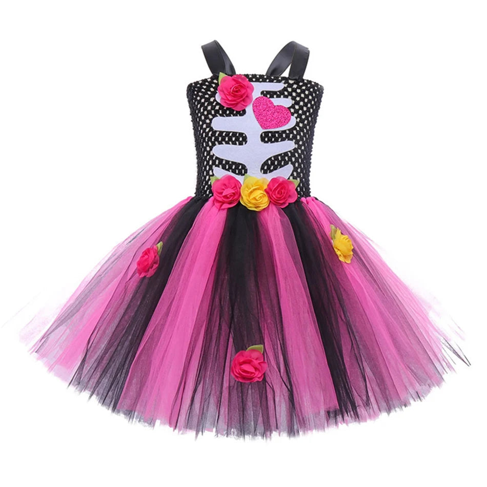 Halloween Kinder Kleid Cosplay Herz druck Skelett Kostüme Mädchen Blumen Schädel Tutu Kleidung Kinder Karneval Leistung Outfits.