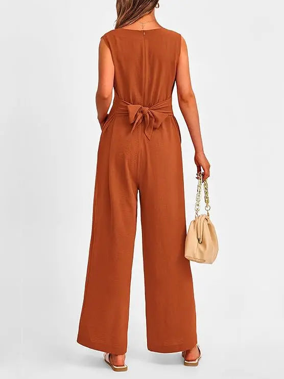 Summer High Waist Lace-up Jumpsuits Women 2025 New Sleeveless V-neck Side Pocket Solid Casual Jumpsuit Office Ladies Rompers