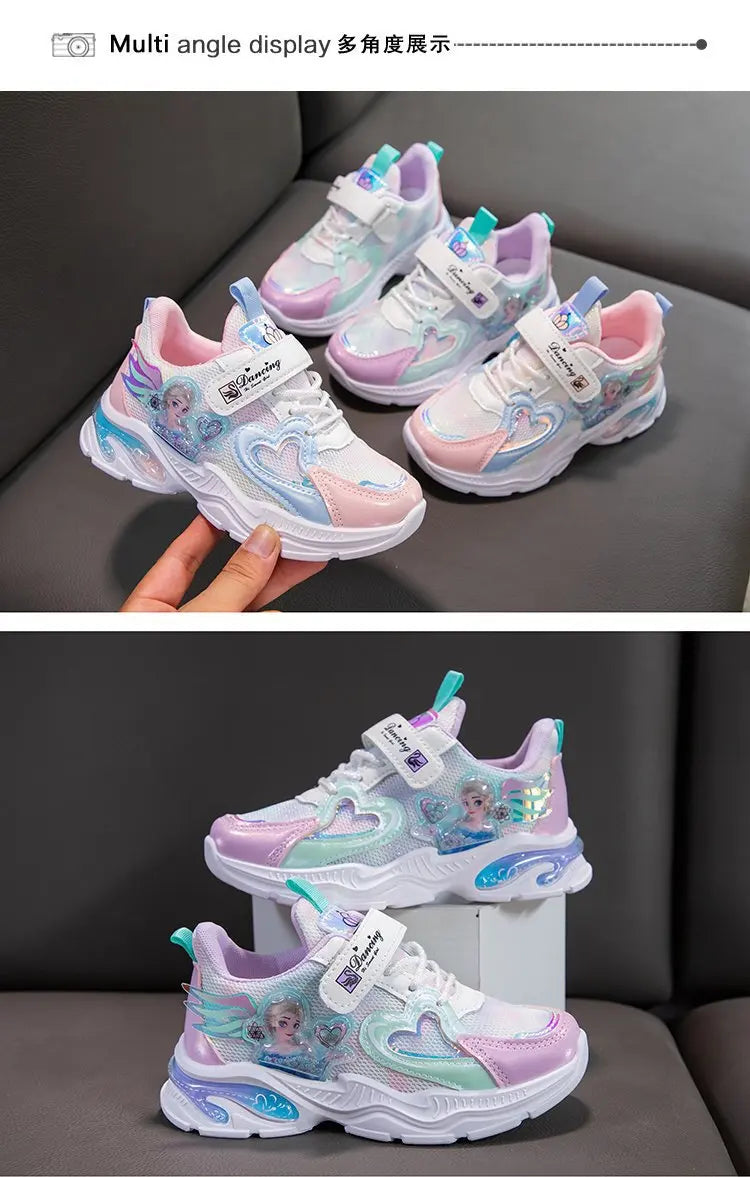 Disney Girls' Casual Shoes Frozen Priness Elsa Sneakers Mesh Leather White Breathable Sole Children's Sport Shoes Size 26-37.