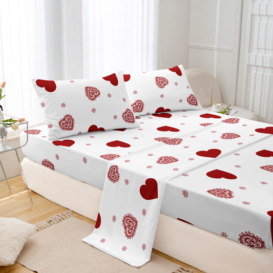 3pcs Valentine's Day Heart Print Bed Canopy Pillowcase Set Romantic Love Theme Red Heart Design Fitted Sheet Suitable for Girls.