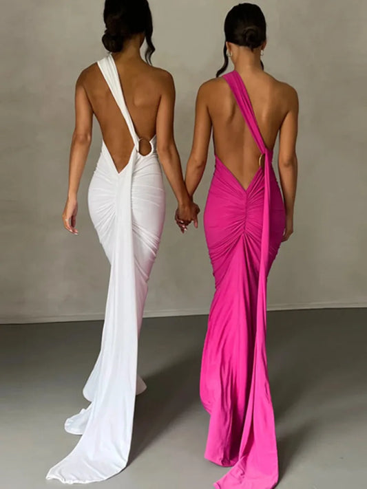 Mozision Schräge Schulter Backless Maxi Kleid Für Frauen Kleid Sommer Zurück Strap Ärmellose Geraffte Party Sexy Langes Kleid Vestidos.