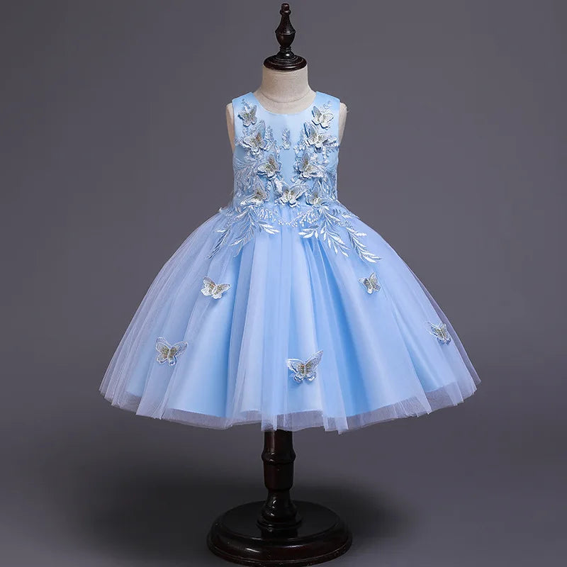 Elegantes Kleid für Mädchen, Abend, Hochzeit, Schmetterlingsapplikationen, Netzstoff, Prinzessinnenkleid für Kinder, Geburtstagsfeier, Abschlussball, Performance-Kleid.