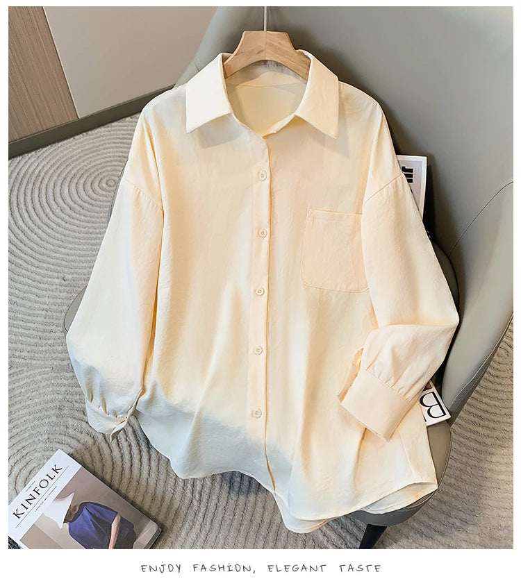 Plus Size Women's Blouses 2025 Spring Autumn Simple Lady Shirts Long Sleeve Big Pockets Shirt Loose Casual Tops.