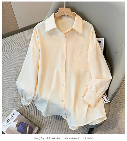 Plus Size Women's Blouses 2025 Spring Autumn Simple Lady Shirts Long Sleeve Big Pockets Shirt Loose Casual Tops.