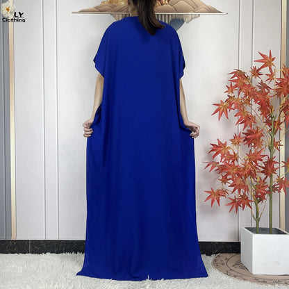 2023 New Muslim Summer Short Sleeve Robe Gold Stamping Boubou Maxi Women Femme Loose Dress With Big Scarf African Abaya Clothes.