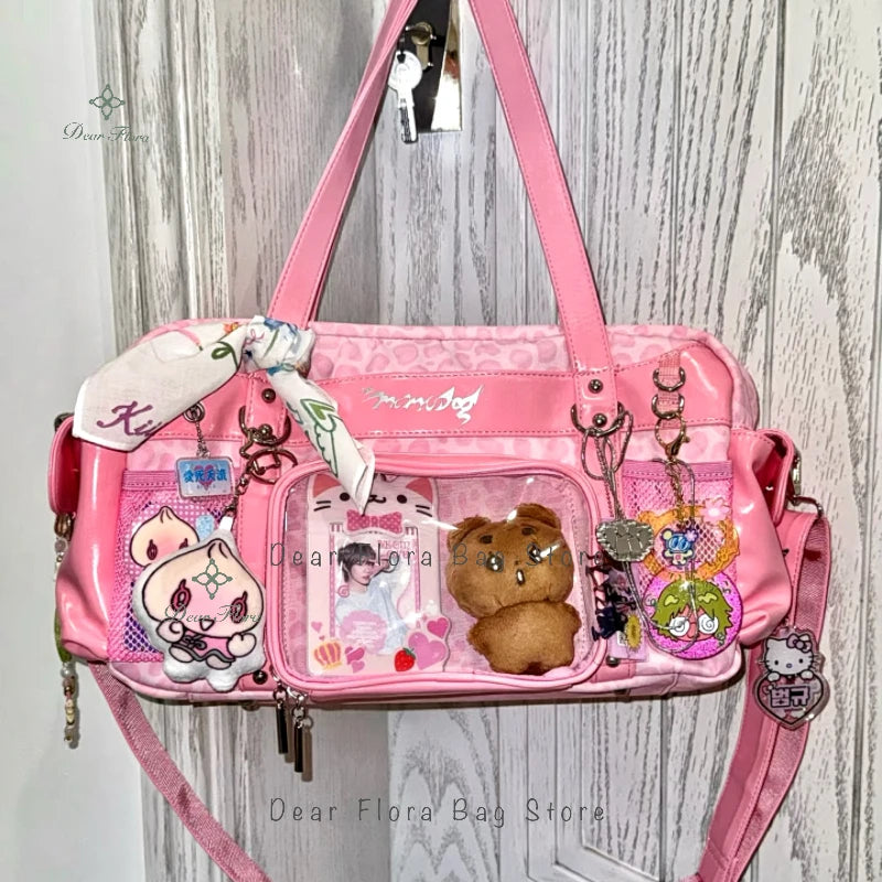 New Y2k Leopard Ita Shoulder Bag Lolita Girls Transparent Tote Bag Womens Large Capacity Crossbody Bag Cute DIY Display Handbags.