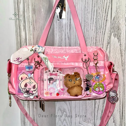 New Y2k Leopard Ita Shoulder Bag Lolita Girls Transparent Tote Bag Womens Large Capacity Crossbody Bag Cute DIY Display Handbags.
