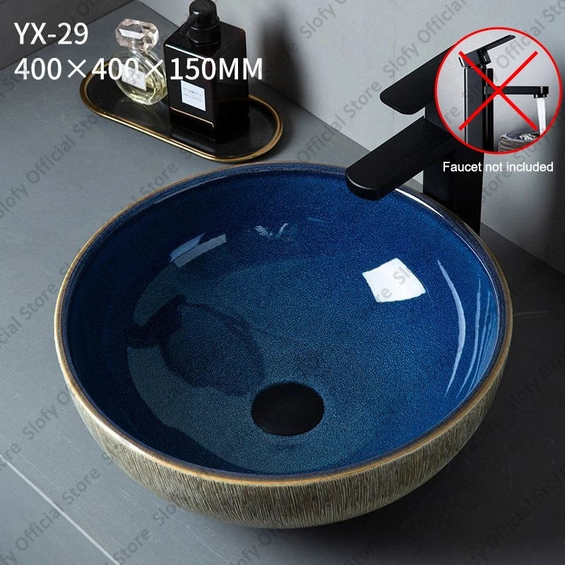 Vintage Elegant Countertop Washbasin Classic Blue Art Hotel Ceramic Basins Sink Multiple Styles Outdoor Balcony Bathroom Sinks