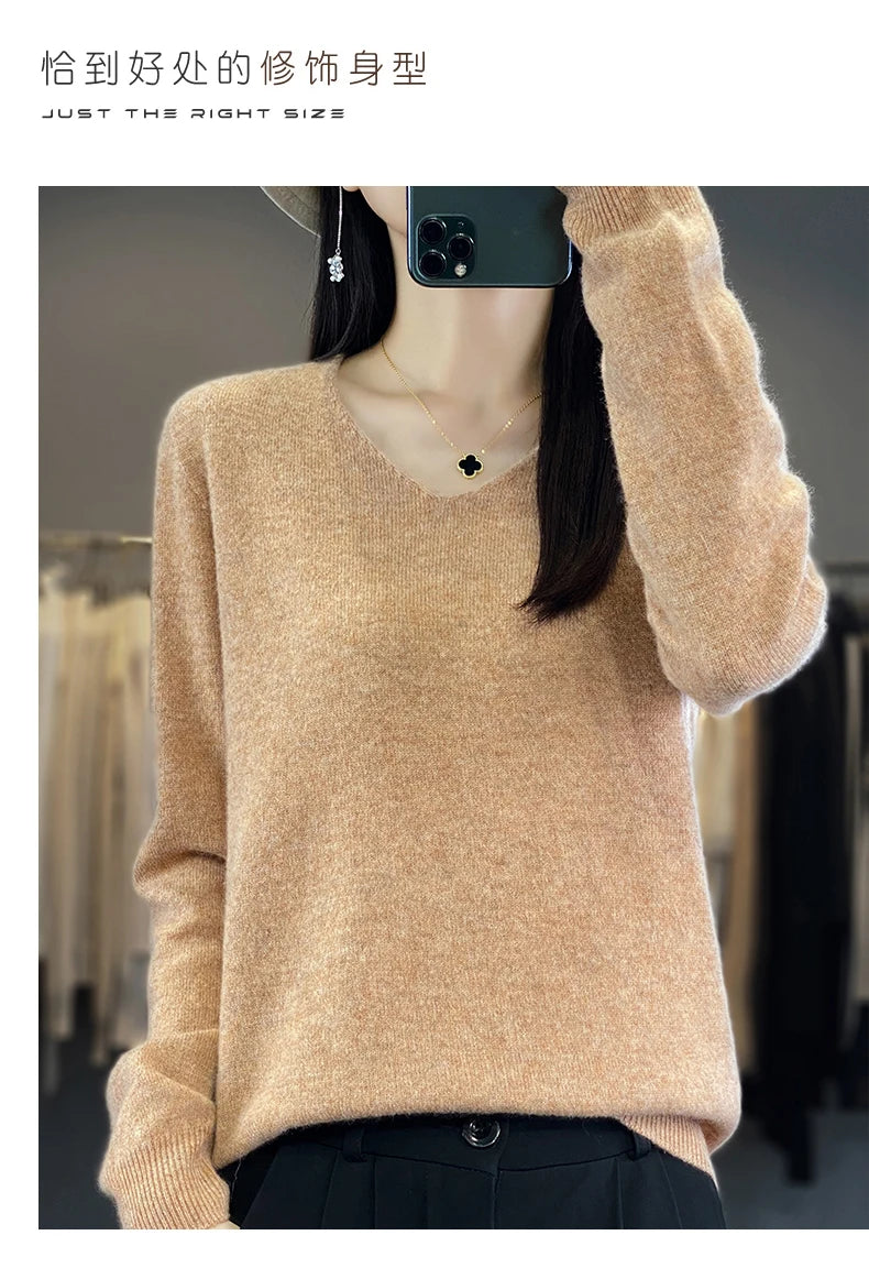 Women 100% Merino Wool Sweater V-Neck Basic Pullover Autumn Winter Cashmere Clothing Long Sleeve Soft Knitwear Tops Solid Color