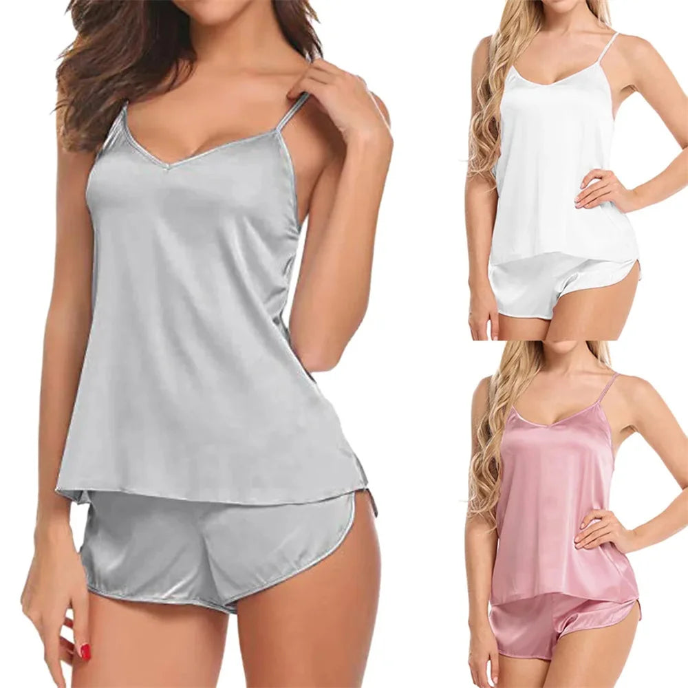 Sexy Frauen Pyjama Satin Spitze Seide Hosenträger V-Ausschnitt Tops Shorts Robe Pyjama Set Nachthemd Unterwäsche Nachthemd Anzug.