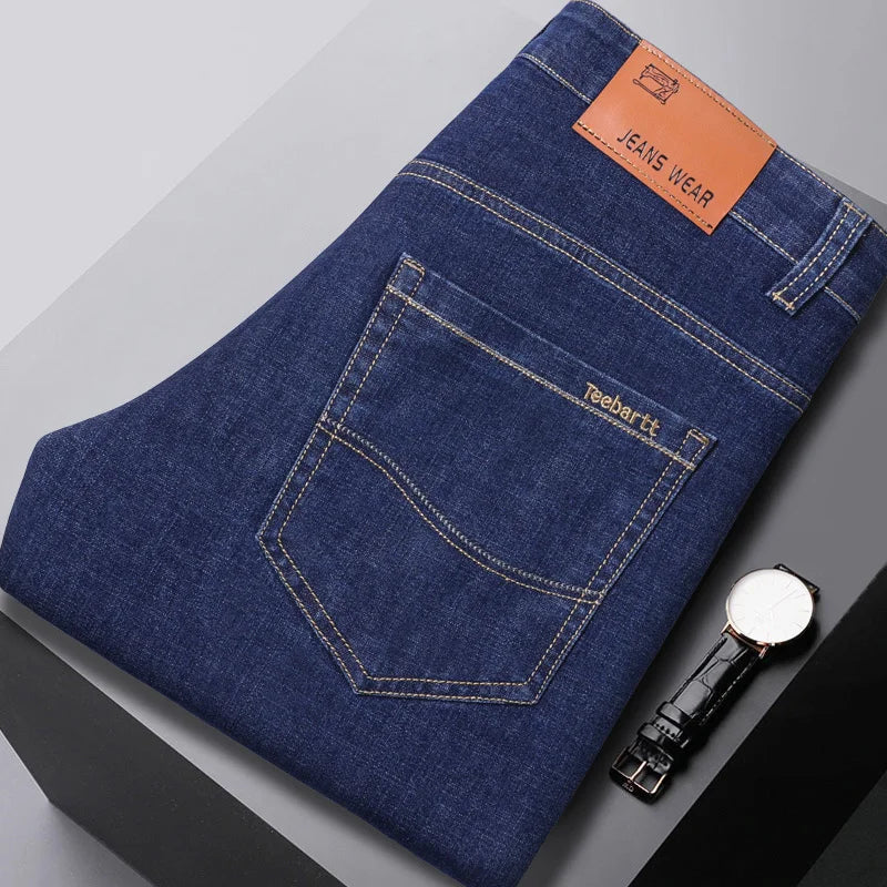 2024 New Brand Men's Fit Straight Lightweight Cotton Stretch Denim Pants Casual Male High Waist Thin Light Blue Business Jeans