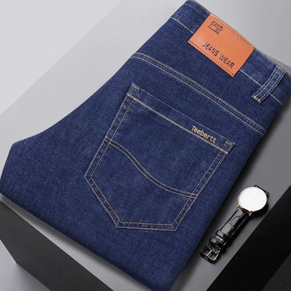 2024 New Brand Men's Fit Straight Lightweight Cotton Stretch Denim Pants Casual Male High Waist Thin Light Blue Business Jeans