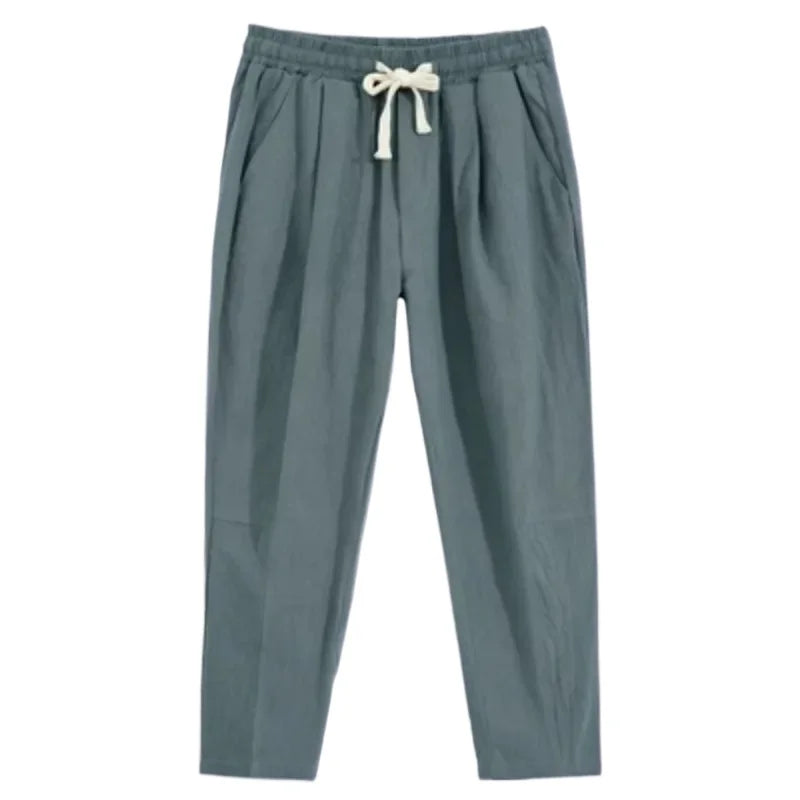 Mens Lightweight Cotton Pants Casual Solid Color Sweatpants Straight Drawstring Baggy Streetwear Breathable Ninth Pants.