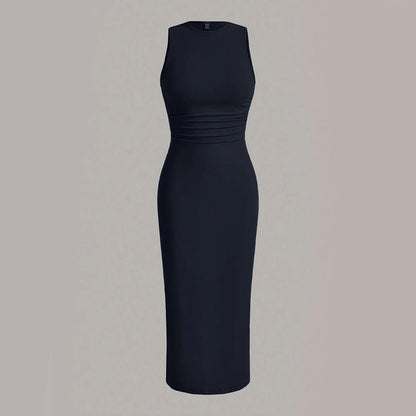 Mia Muse Damenkleider für alle Jahreszeiten, minimalistisch, schlicht, ärmellos, Rundhalsausschnitt, Wickel-MIDI-Partykleider.