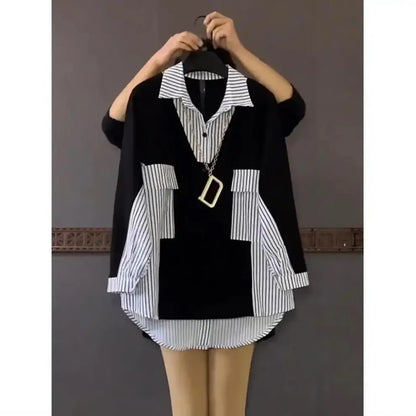 Plus Size Women's Loose-Fit Slimming Medium-Length Color Blocking Striped Shirt Fashionable Top Stylish Hiding Body Shape.