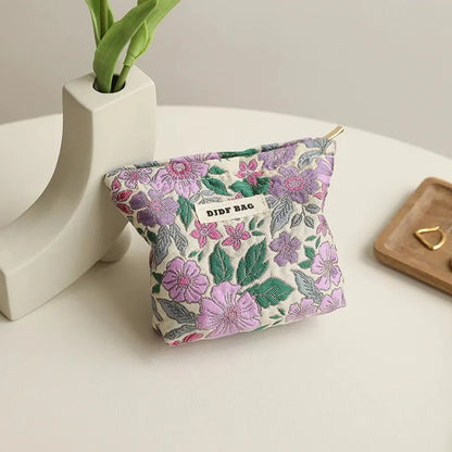 Women's Makeup Bag Small Vintage Purple Flower Large Capacity Cosmetic Lipstick Storage Bag Portable Coin Purse Commuter Clutch.