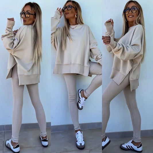Women Pant Sets Two Pieces Tracksuit Solid Loose Sweatshirts Split Pullover Pencil Pants High Street Autumn Winter 2024.