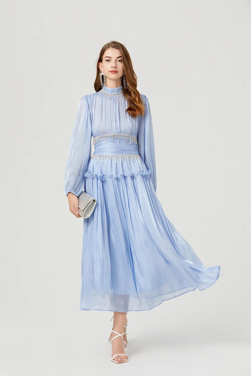 Französisch Luxus Kristall Perlen Quaste Glanz Roben Urlaub Frauen stehen Laterne Ärmel Rüschen plissiert formale Gelegenheit Ballkleid 622.