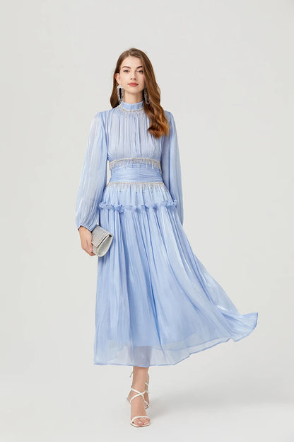 Französisch Luxus Kristall Perlen Quaste Glanz Roben Urlaub Frauen stehen Laterne Ärmel Rüschen plissiert formale Gelegenheit Ballkleid 622.