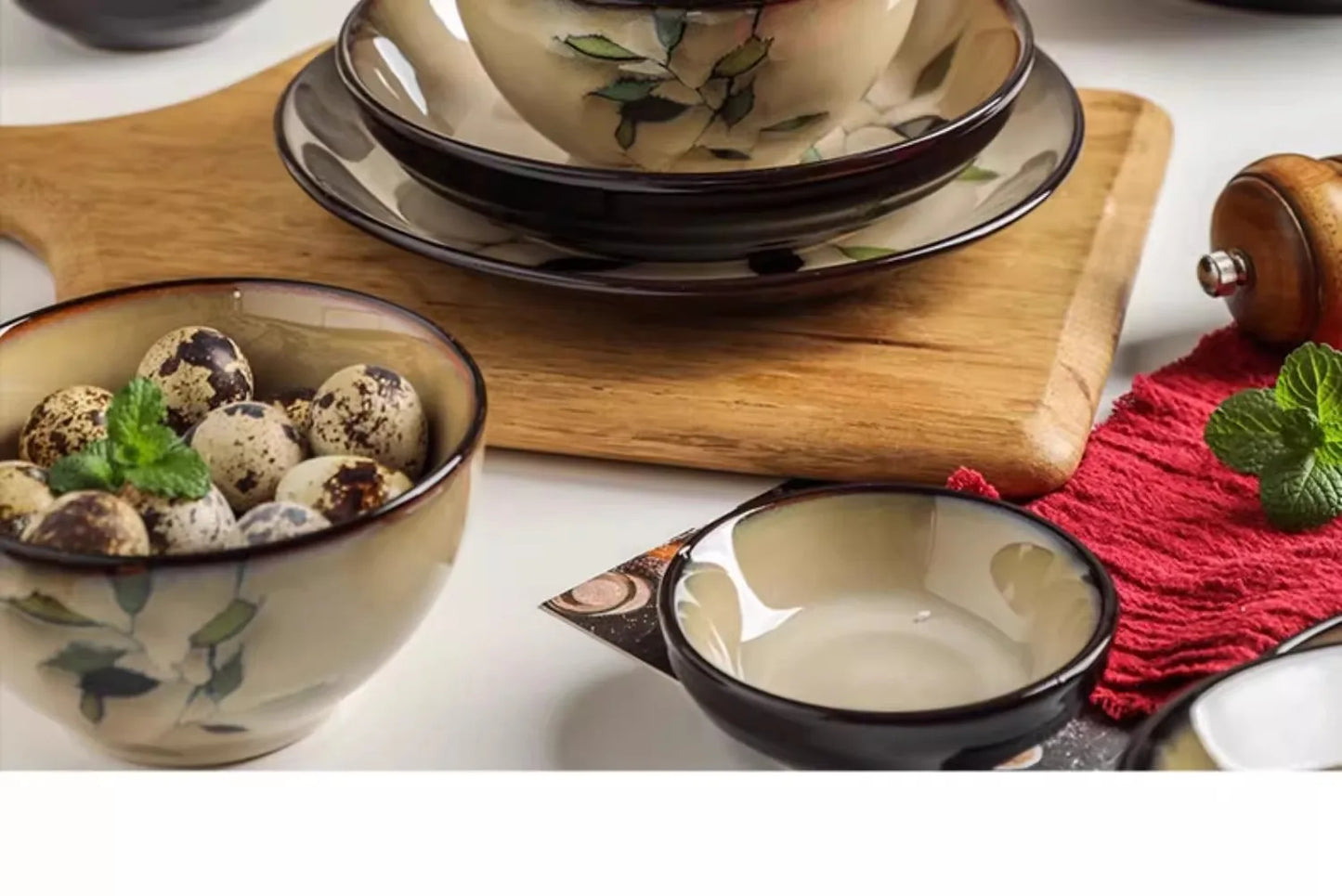 1Pc Vintage Bamboo Leaf Ceramic Bowl Salad Plate Exquisite Ceramic Cutlery Household Noodle Bowl Western Steak Cake Sushi Plate.