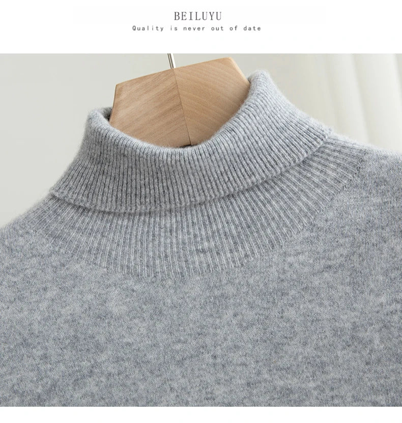 Men 100% Merino Wool Sweater Turtleneck Knitted Pullover Cashmere Warm Solid Color Clothes Business Bottoming Tops Autumn Winter