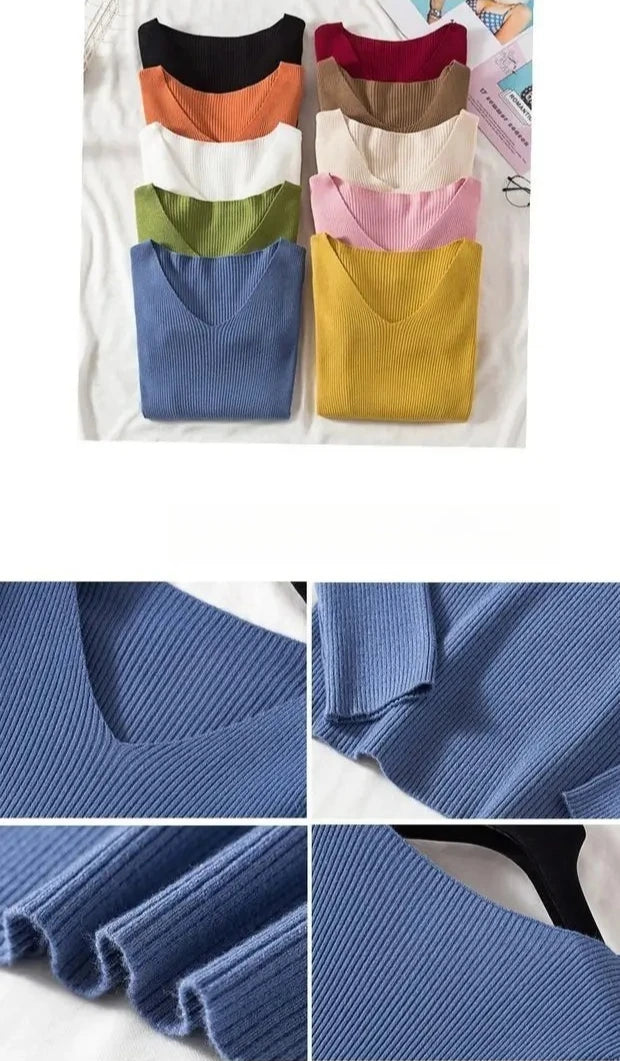 2025 mode V-ausschnitt Elastische Grundlegende Top Neue Frauen Pullover Herbst Winter Langarm Pullover Weibliche Winter Solide Strick Jumper.